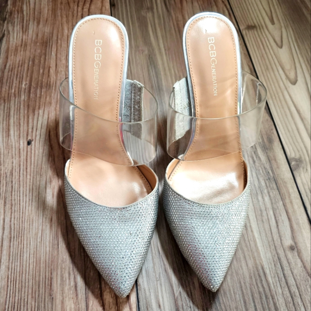 BCBG silver studded clear strap heeled sandal